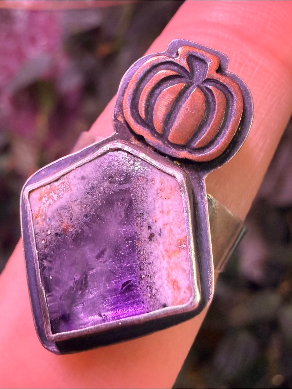 Handmade Sterling Silver Pumpkin Ring Purple Stone Copper Fall Halloween